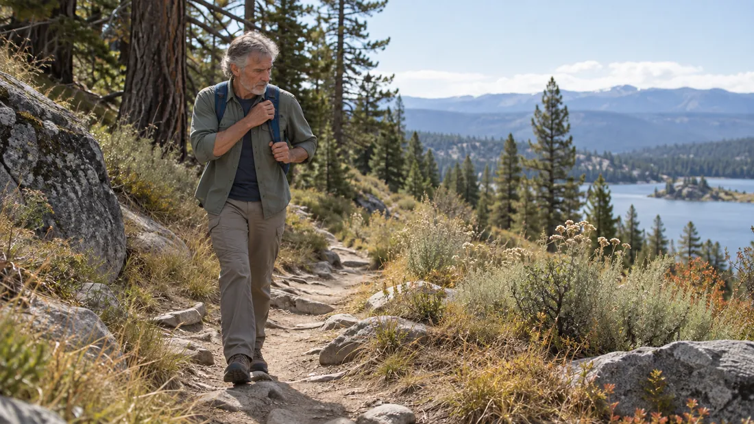 A man hiking a mountain trail above a lake