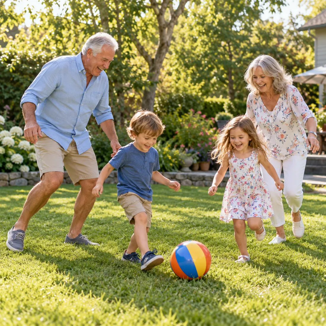 Grandparents playing ball with their grandchildren in the yard