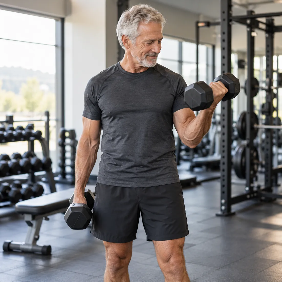 A man lifting dumbbells in a home gym