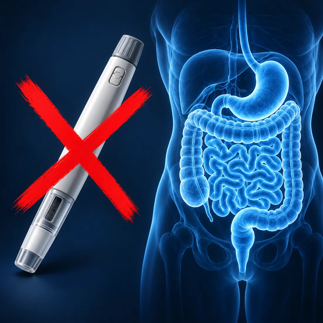 A crossed-out injection pen beside a drawing of the gut
