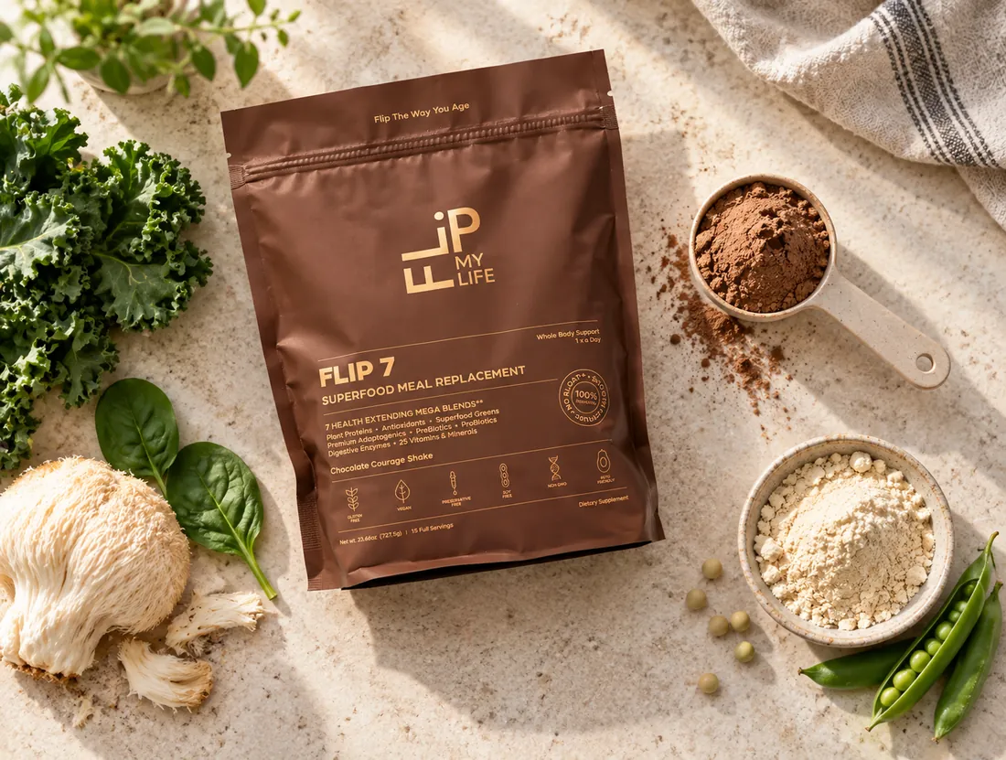 A bag of FLIP 7 among whole-food ingredients