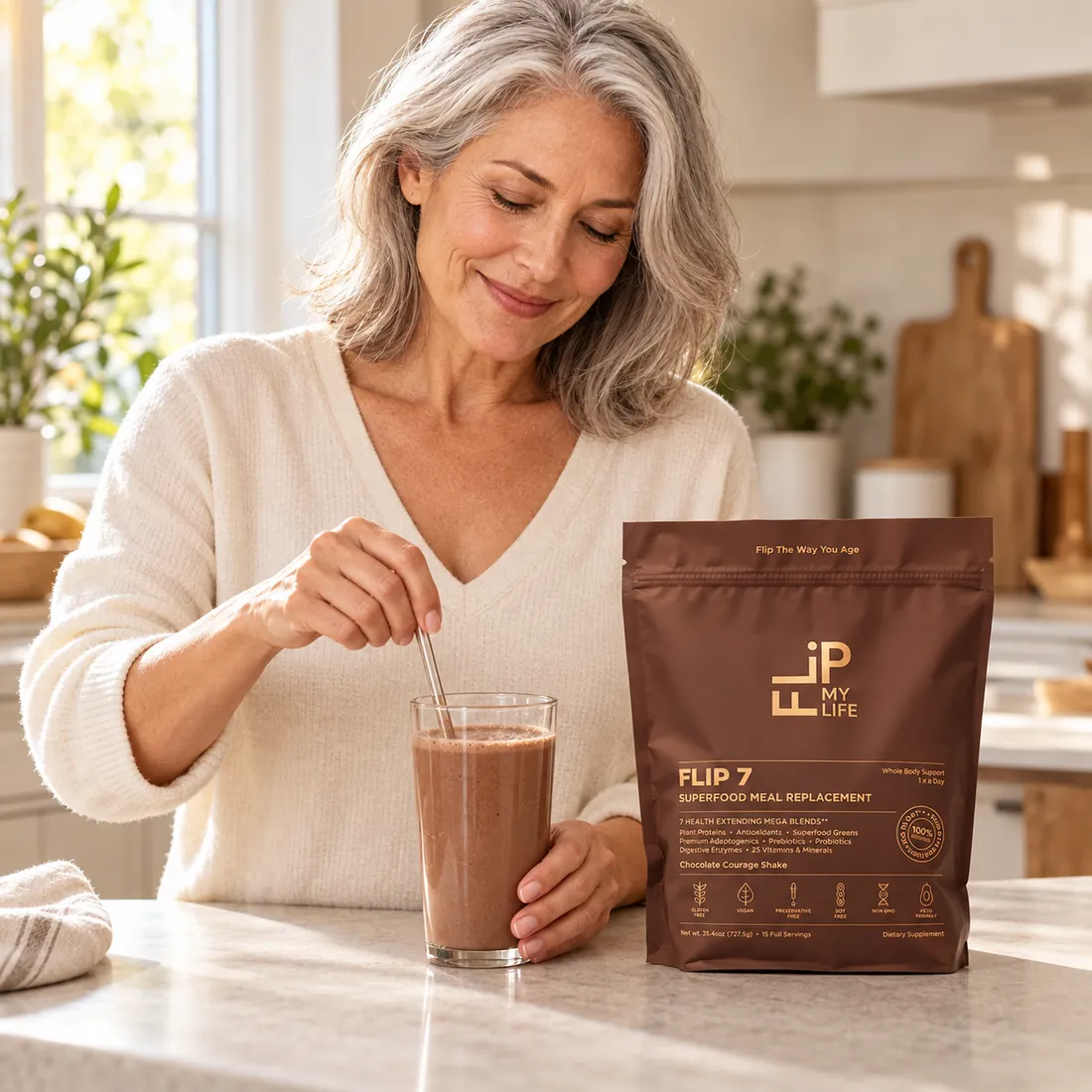 A woman stirring a FLIP 7 shake beside the bag