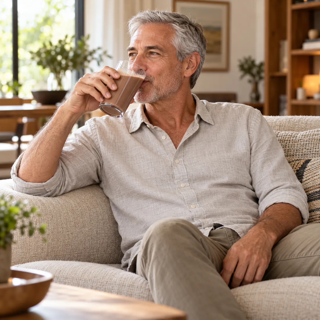 A man relaxing on the couch with a FLIP 7 shake