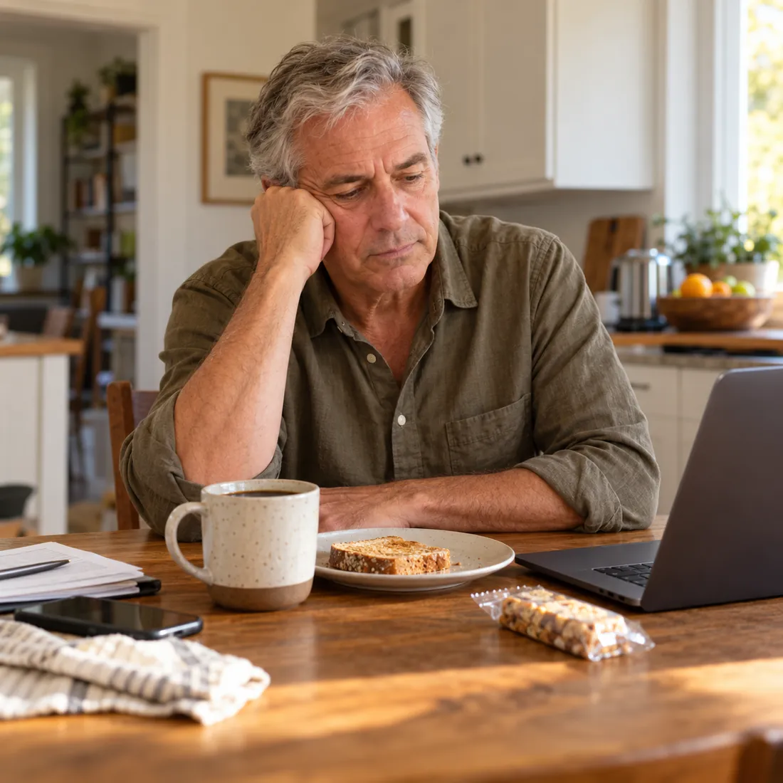 A tired man at his laptop with a coffee and a pastry