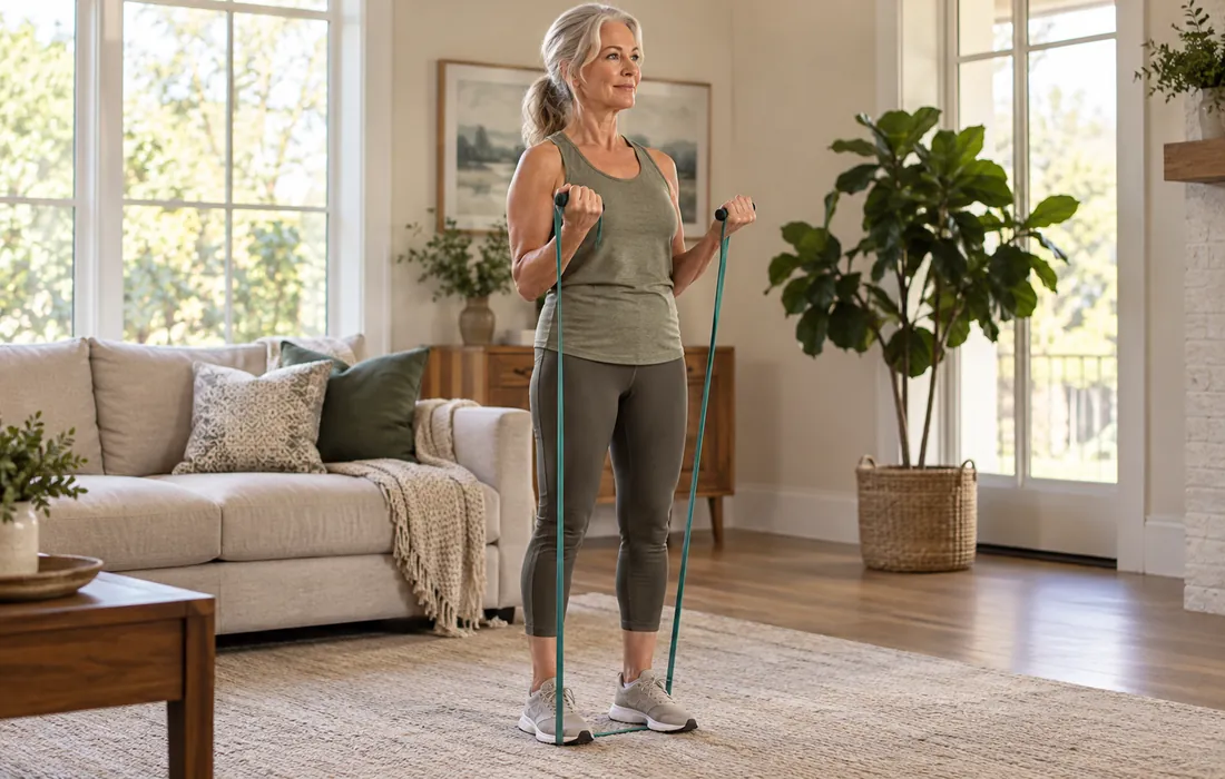 A woman walking in her bright living room