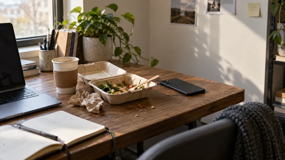 A cluttered desk with a laptop and a quick snack