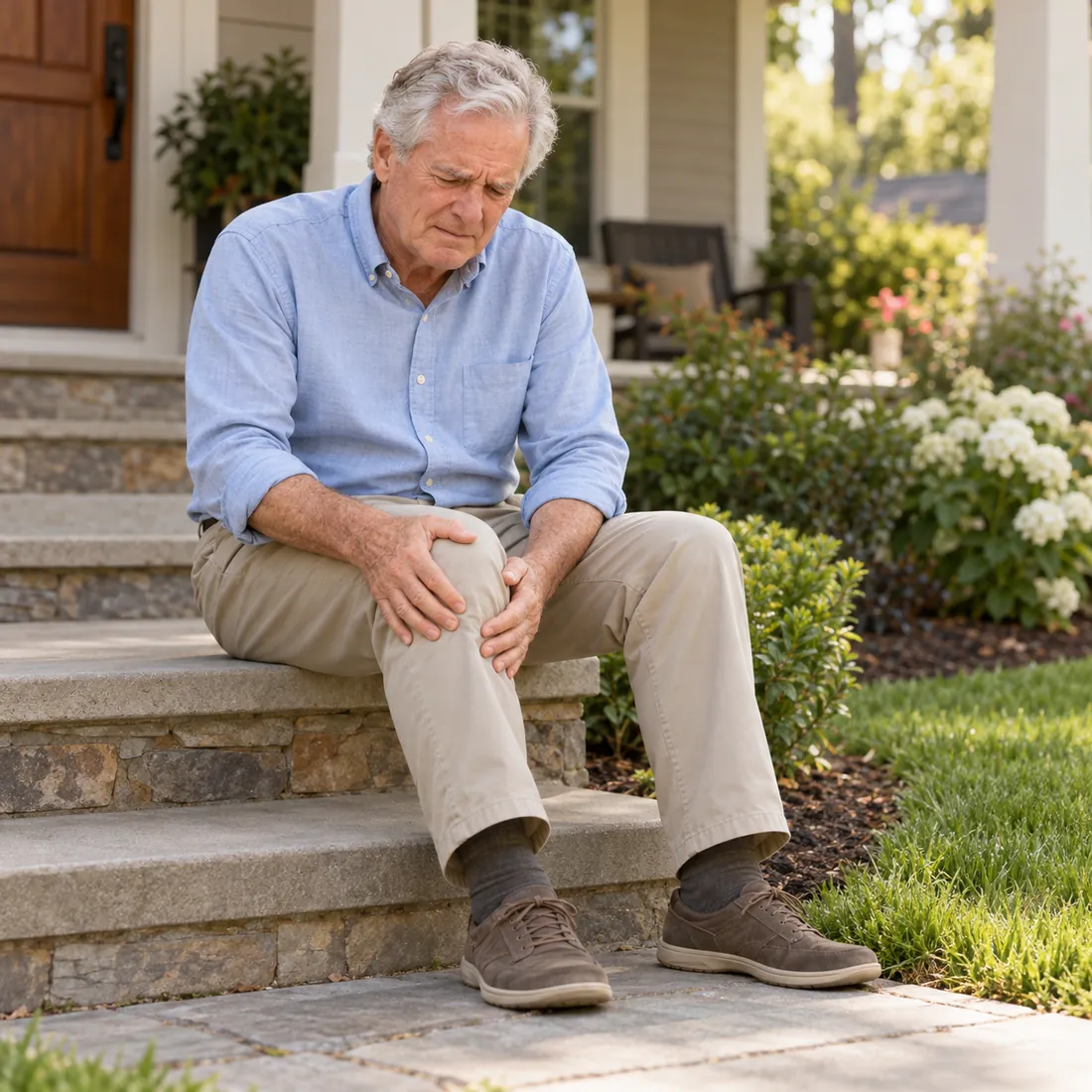 A man sitting on his front steps holding his knee