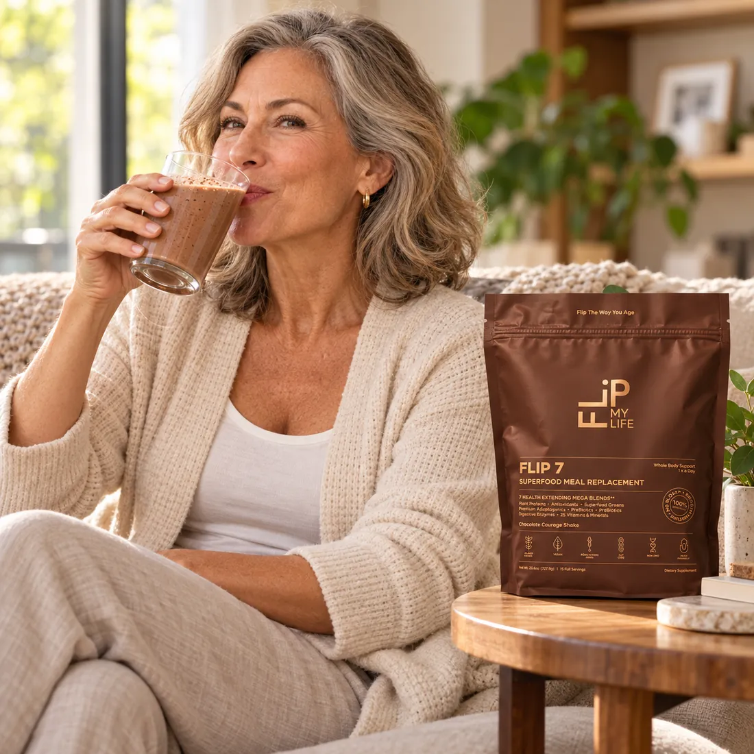 A woman sipping a FLIP 7 shake at home