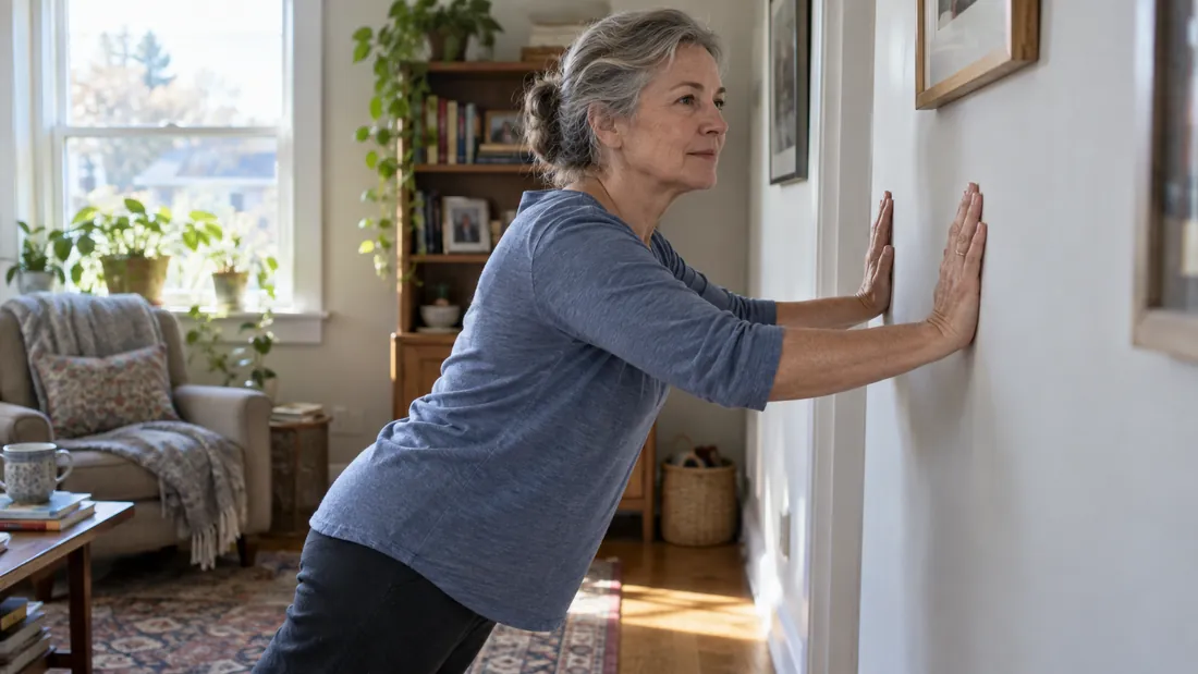 A woman doing wall push-ups at home