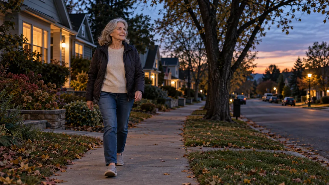 A woman out for an evening walk in her neighborhood
