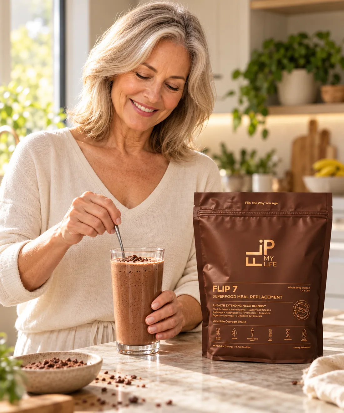 A woman stirring a FLIP 7 shake beside the bag