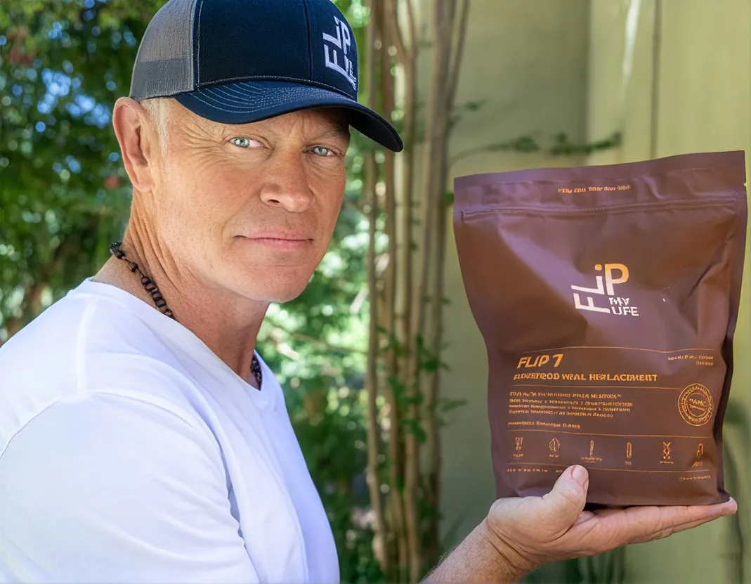 Neal McDonough holding a bag of FLIP 7