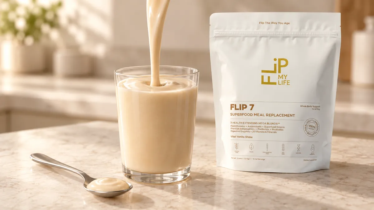 FLIP 7 poured into a glass beside its bag