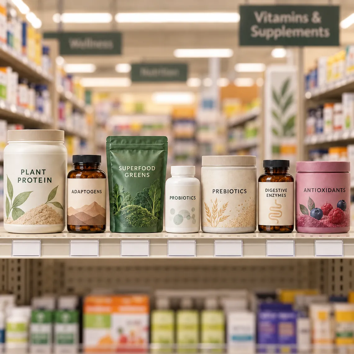A shelf of separate supplements