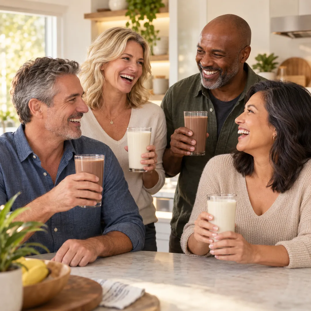 Four friends laughing over FLIP 7 shakes in a kitchen