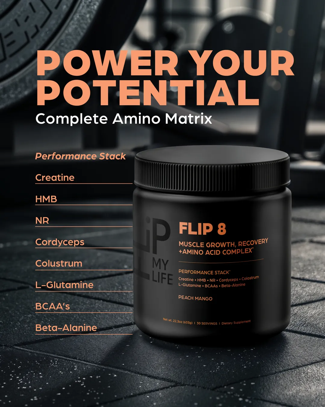 FLIP 8 jar on a gym floor beside a loaded barbell