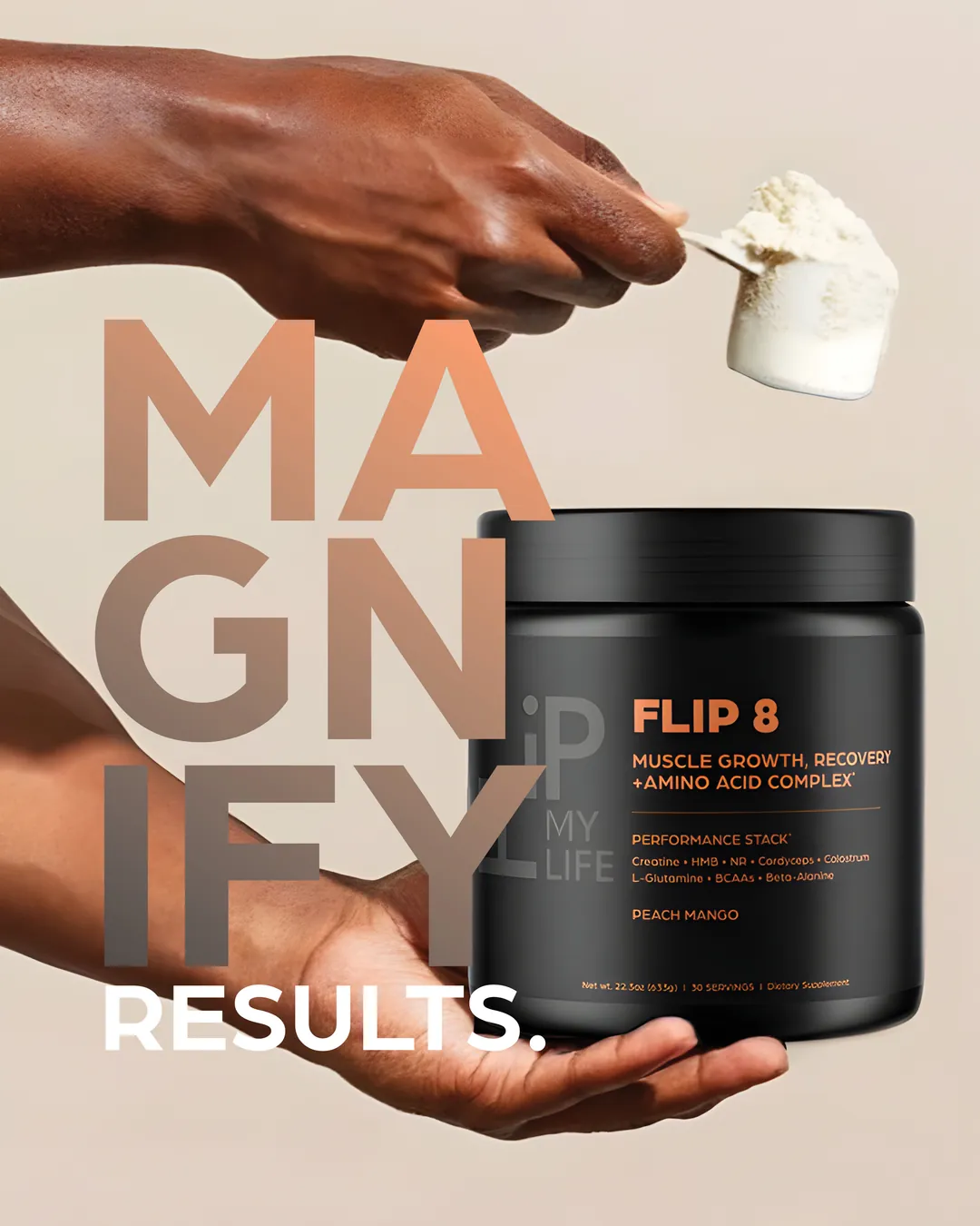 A hand holding the FLIP 8 jar with a full scoop of Peach Mango powder