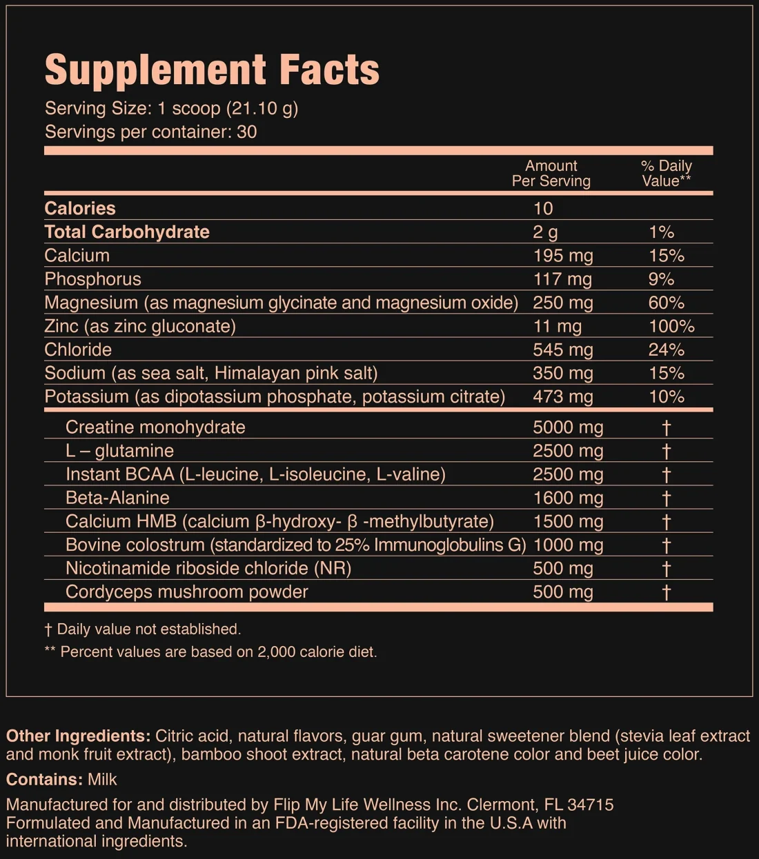 Full Supplement Facts panel — Peach Mango, 30 servings.